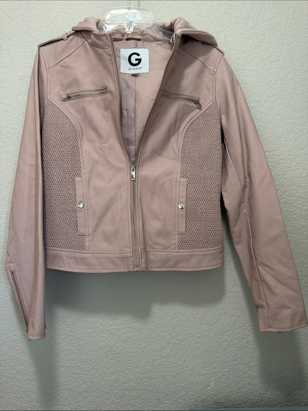 G by Guess Blush Pink Hooded Faux-Leather Moto Jacket